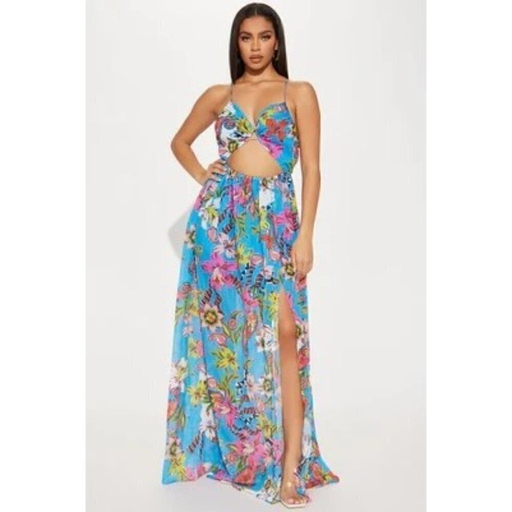 Fashion Nova Rio tropical blue floral maxi dress with leg slit size S - Picture 1 of 10